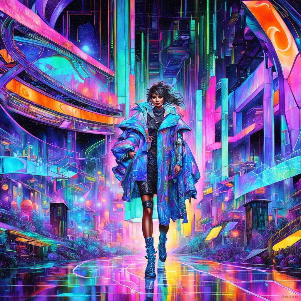 Vibrant Runway Model in Neon-Lit 80s Anime Fashion Illustrat...