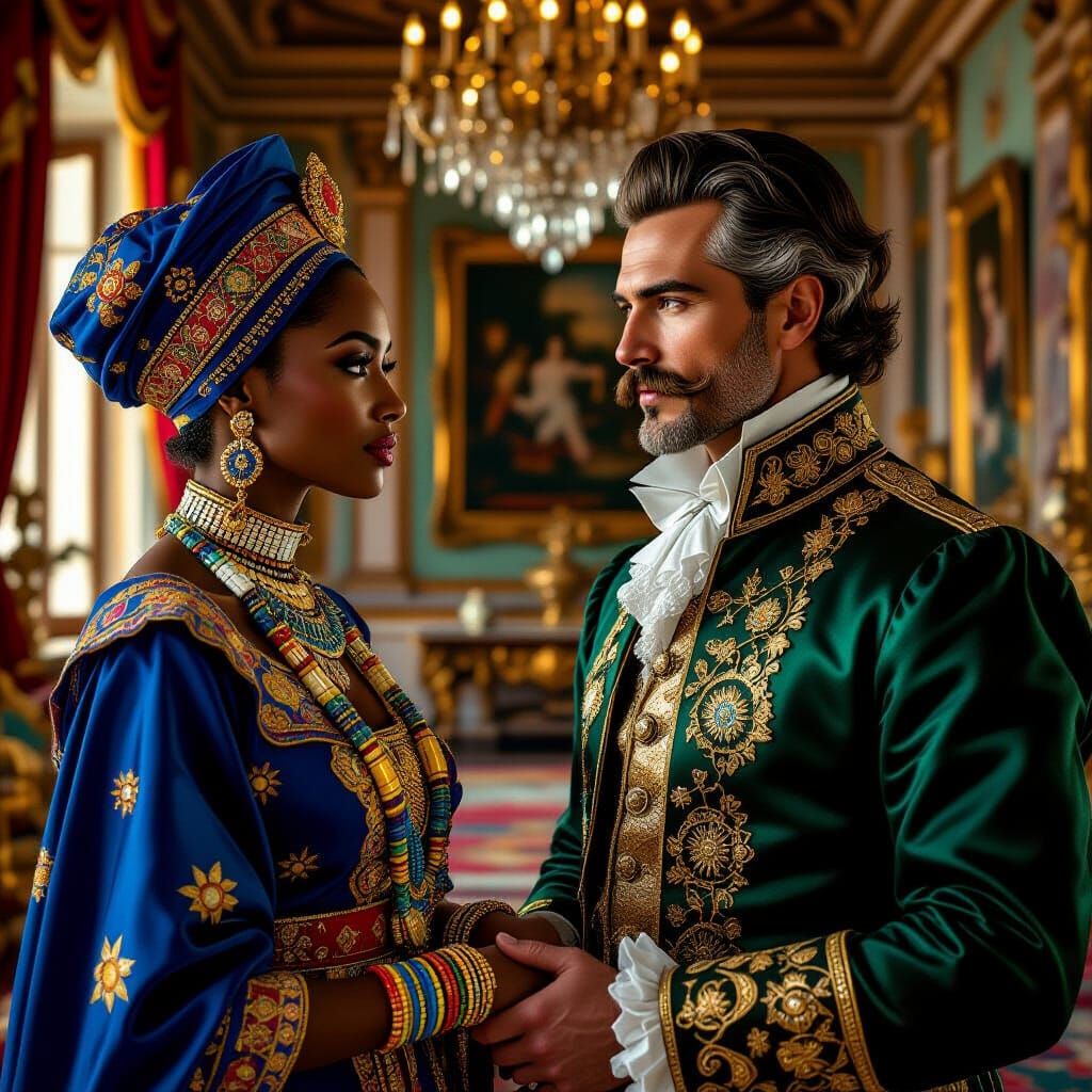 African Woman and Renaissance Gentleman in Palace, Hyperreal...