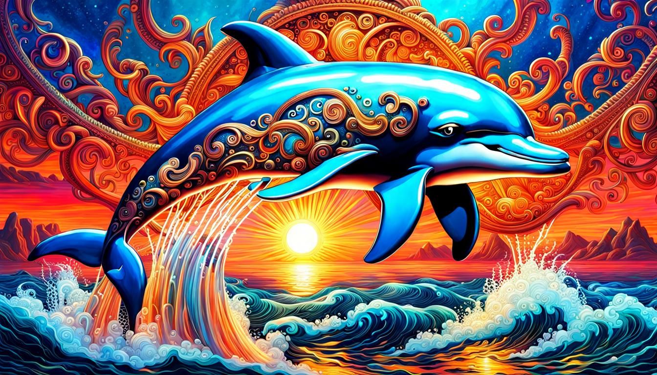 Steampunk Dolphin in Neon Coral Seascape