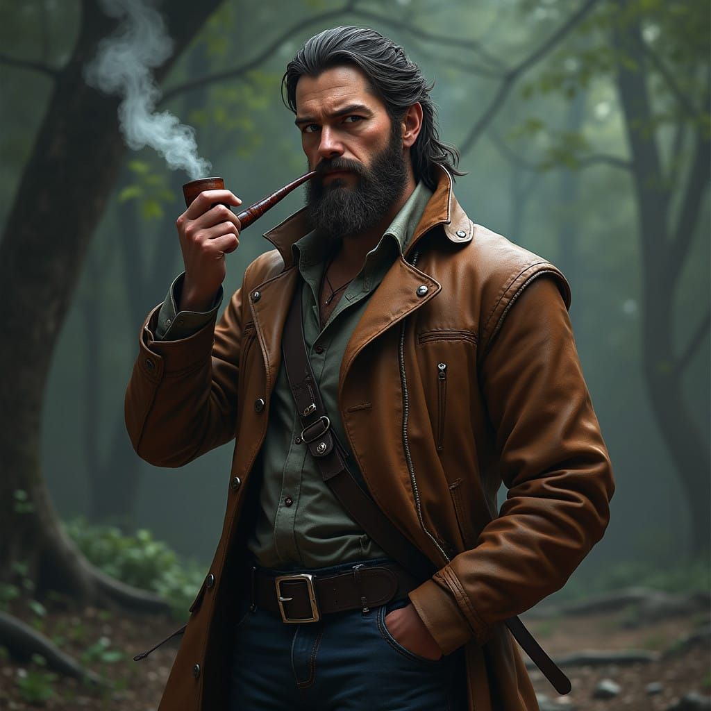Ruggedly Handsome Young Man Smokes Pipe in Mystical Atmosphe...