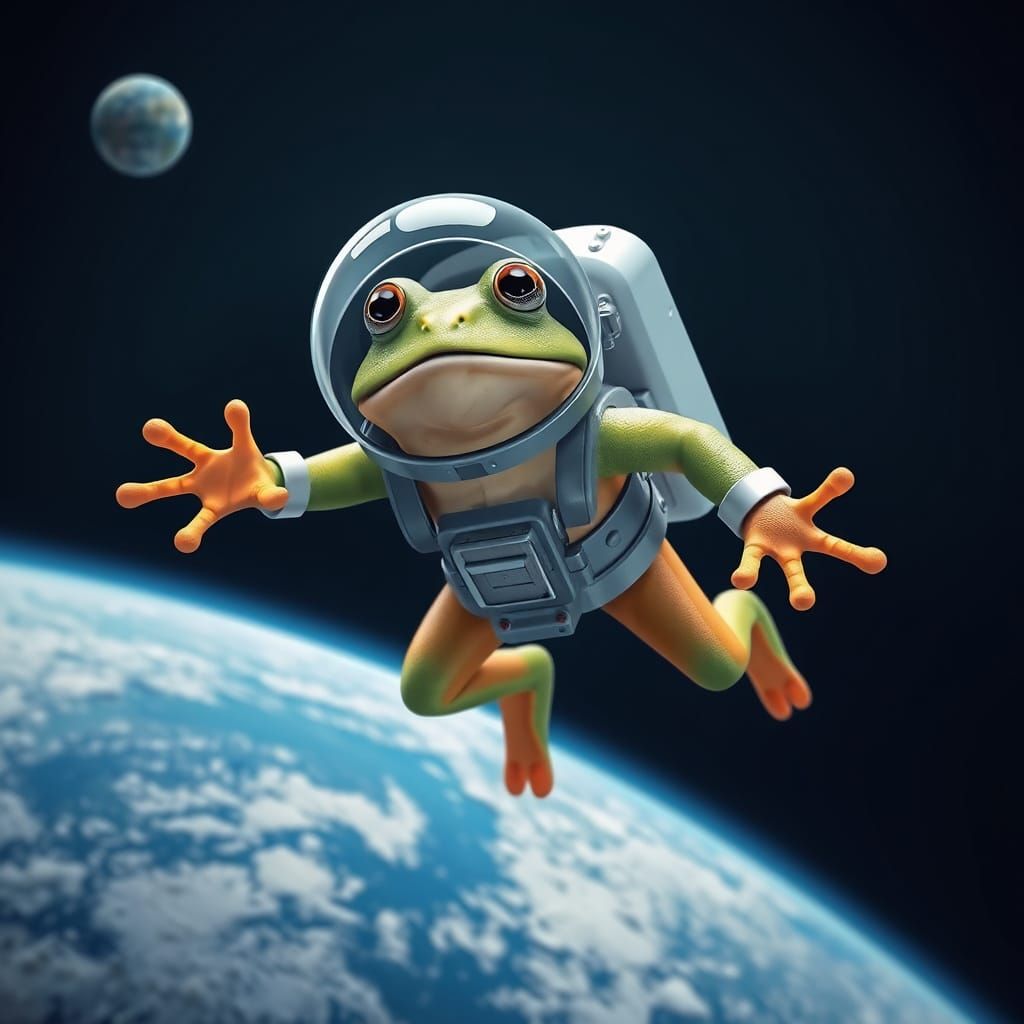 Surprised Frog Spacewalking Over Earth