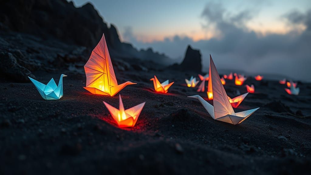 Ethereal Origami Forms Emerge from Volcanic Sand in Futurist...