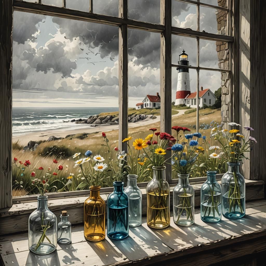 Vintage Bottles and Stormy Seascape in Pencil Sketch Style