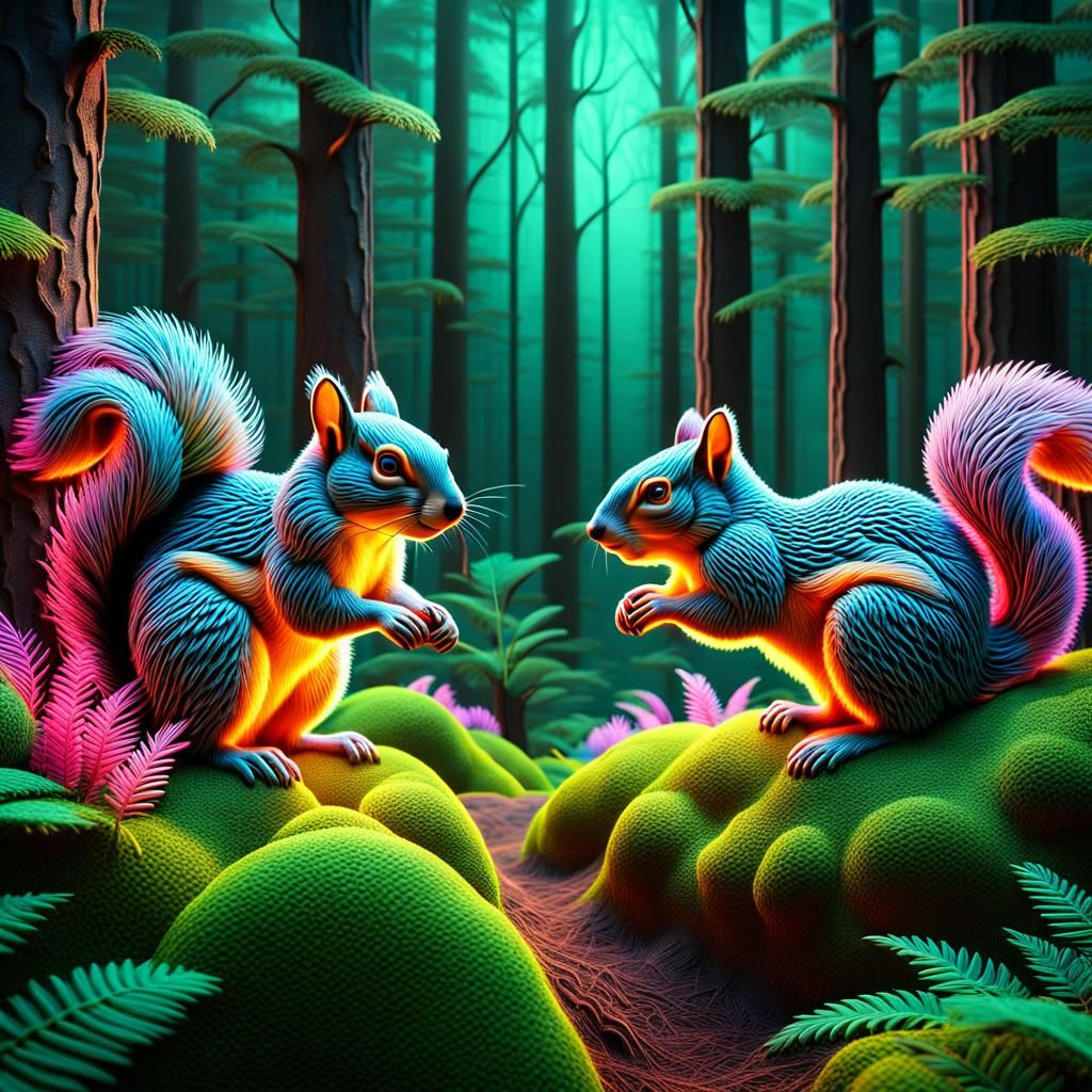 Neon Forest Scene with Hidden Squirrels