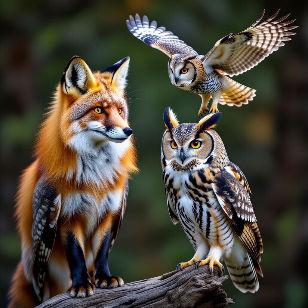 Fox and Owl Guarding, Owl in Flight, Hyperrealistic