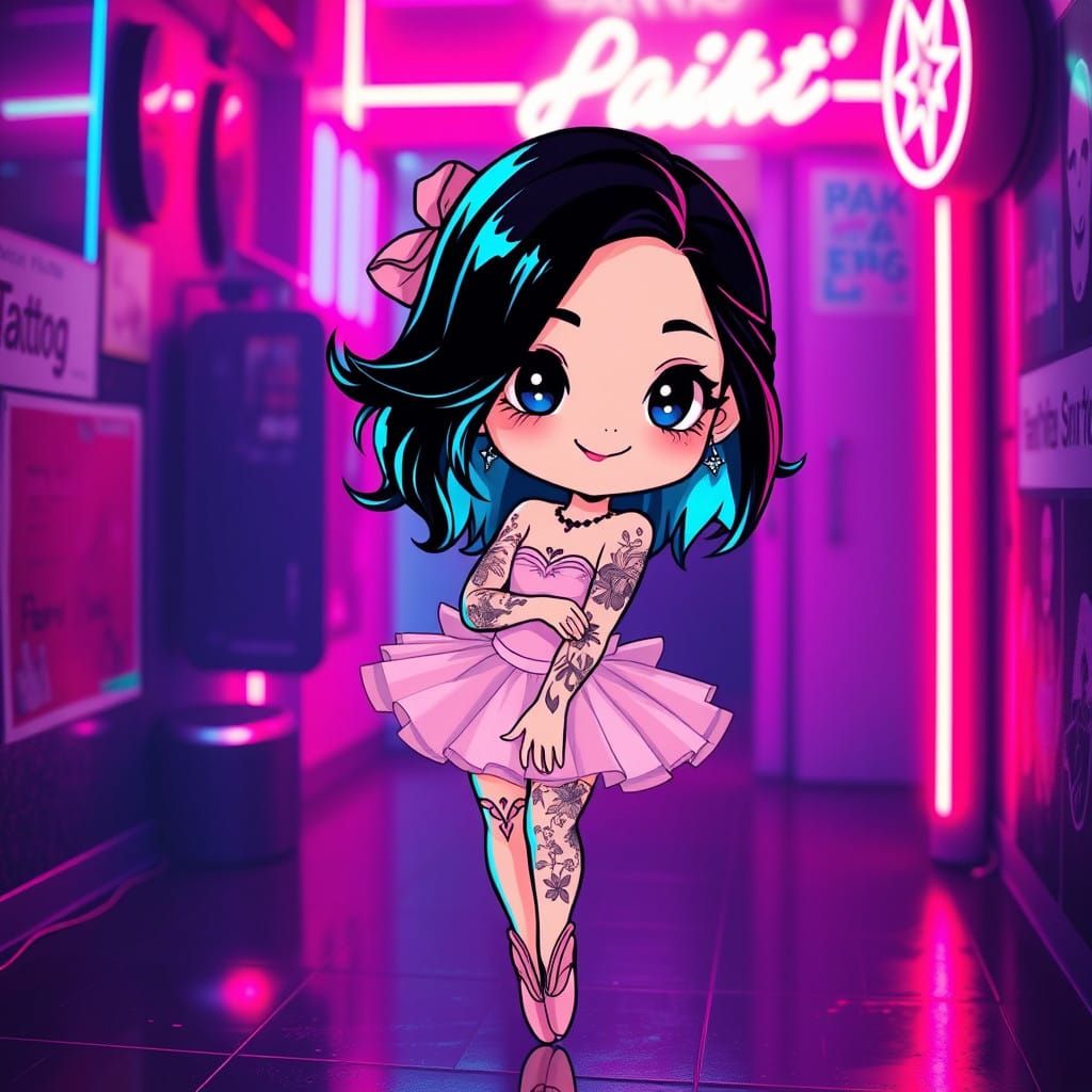 Edgy Kawaii Ballerina in Neon Dreamscape