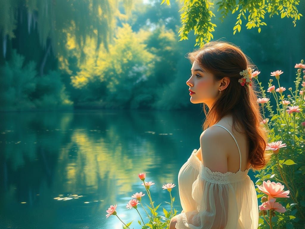 Impressionist Serenity: Contemplative Woman in a Floral Para...