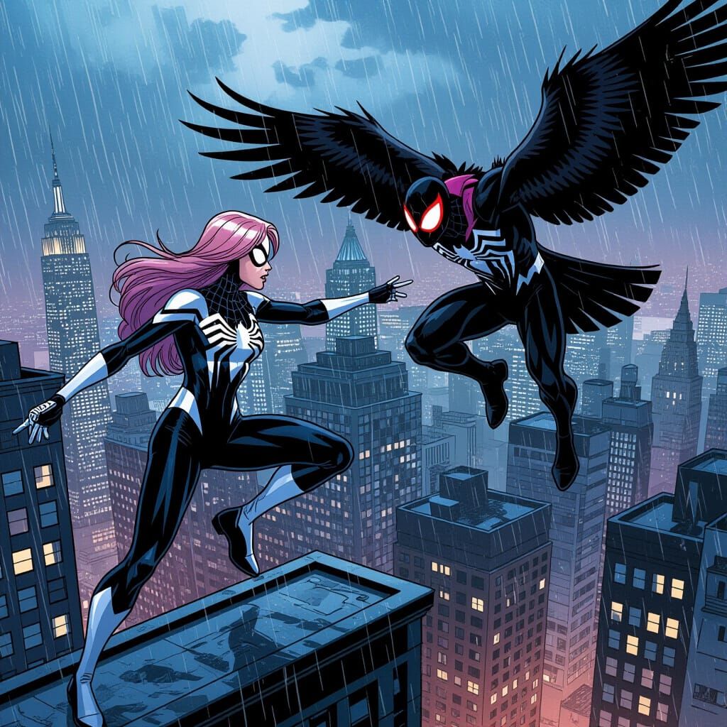 Ghost-Spider Battles Vulture on Rainy NYC Skyscraper