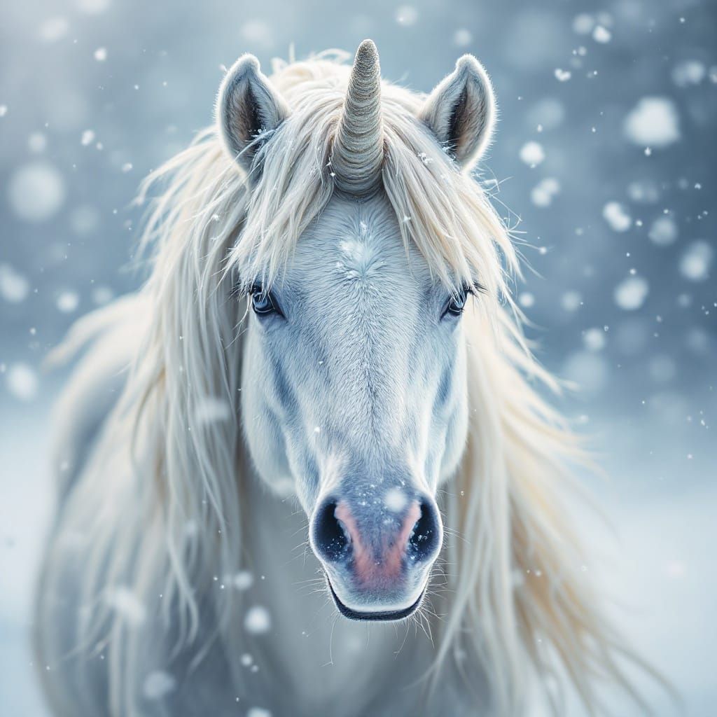 Realistic Unicorn Portrait in the Snow