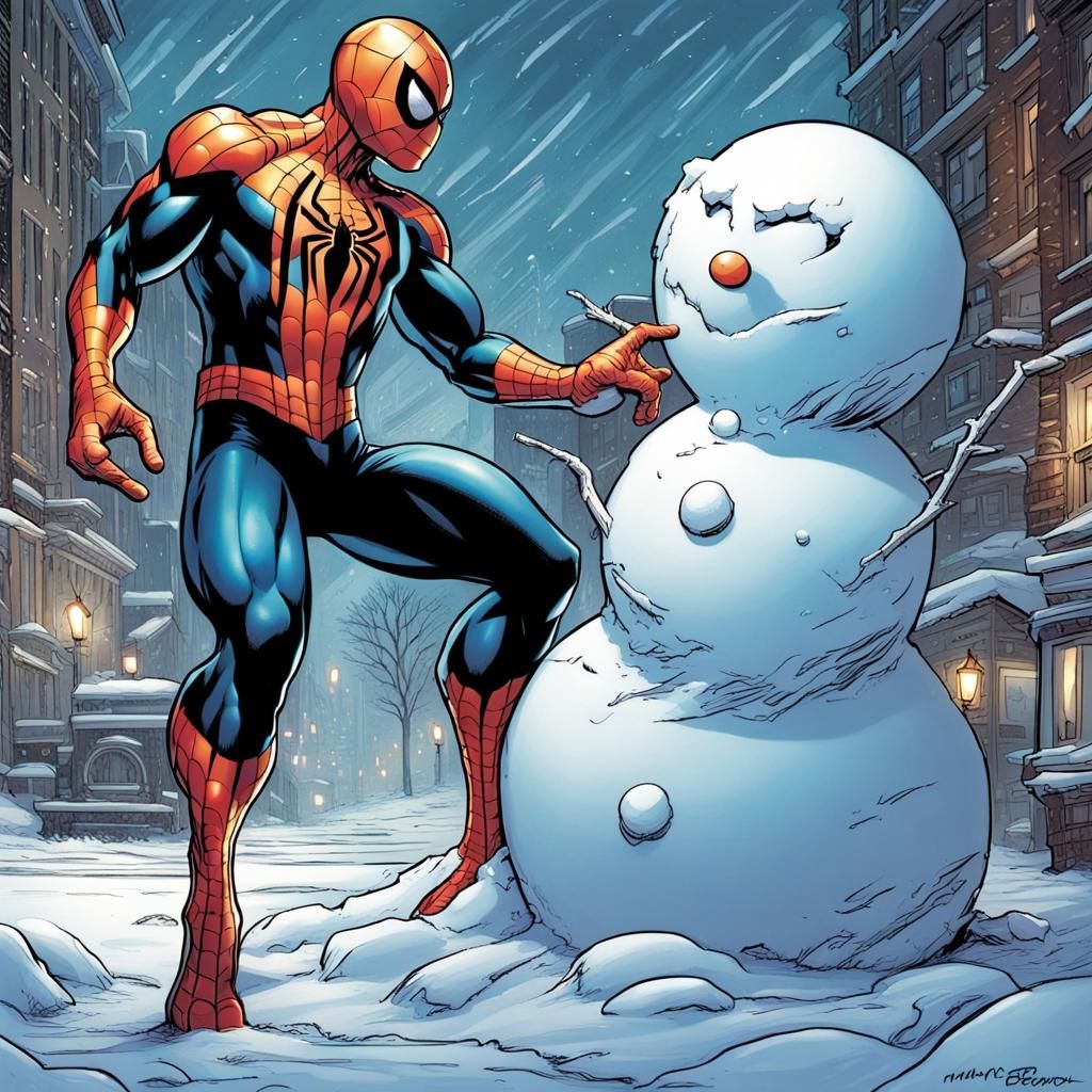 Spiderman making a snowman