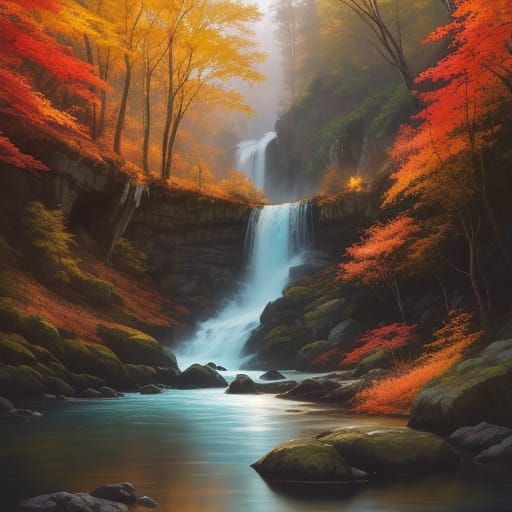 Vibrant Autumn Waterfalls in Oil Painting Style