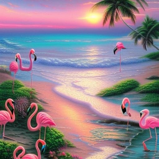 Gorgeous Pink Flamingo on Sunset Beach