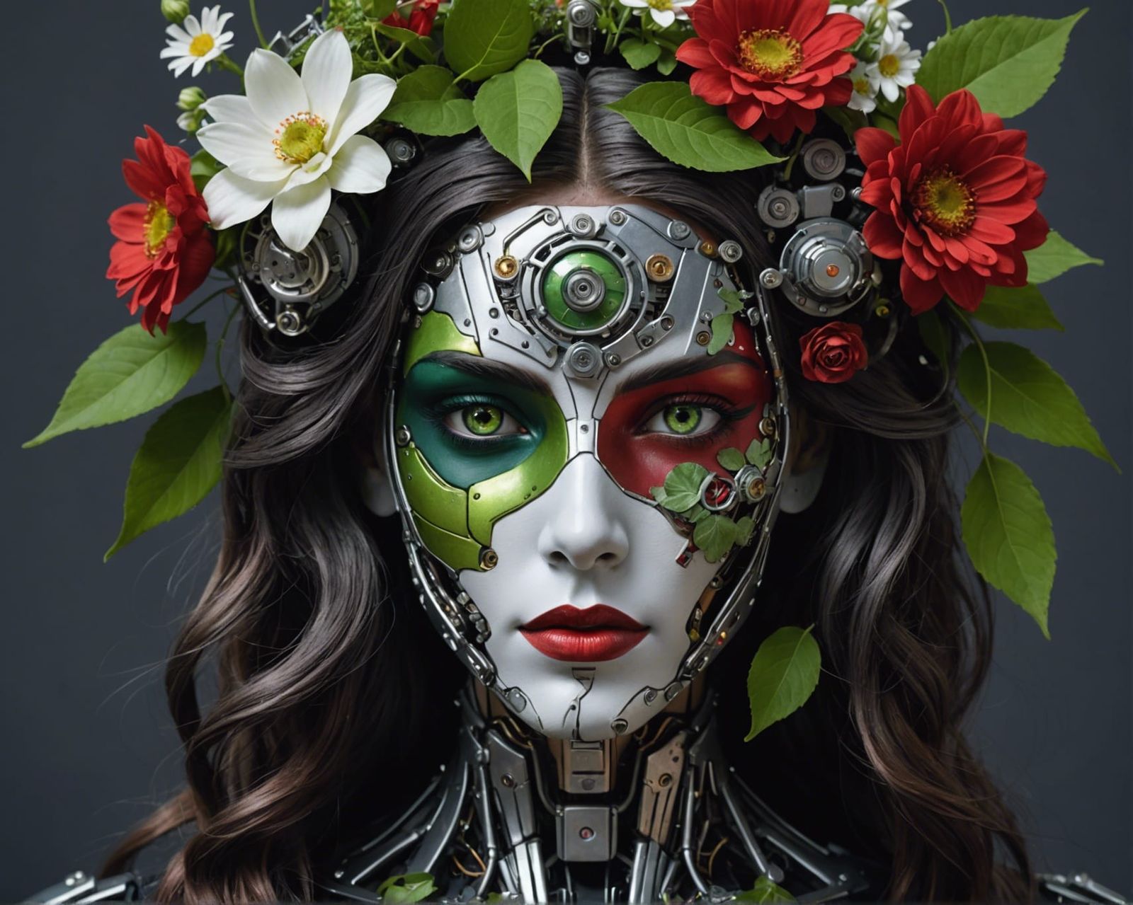 Half Human, Half Android Portrait with Floral Accents
