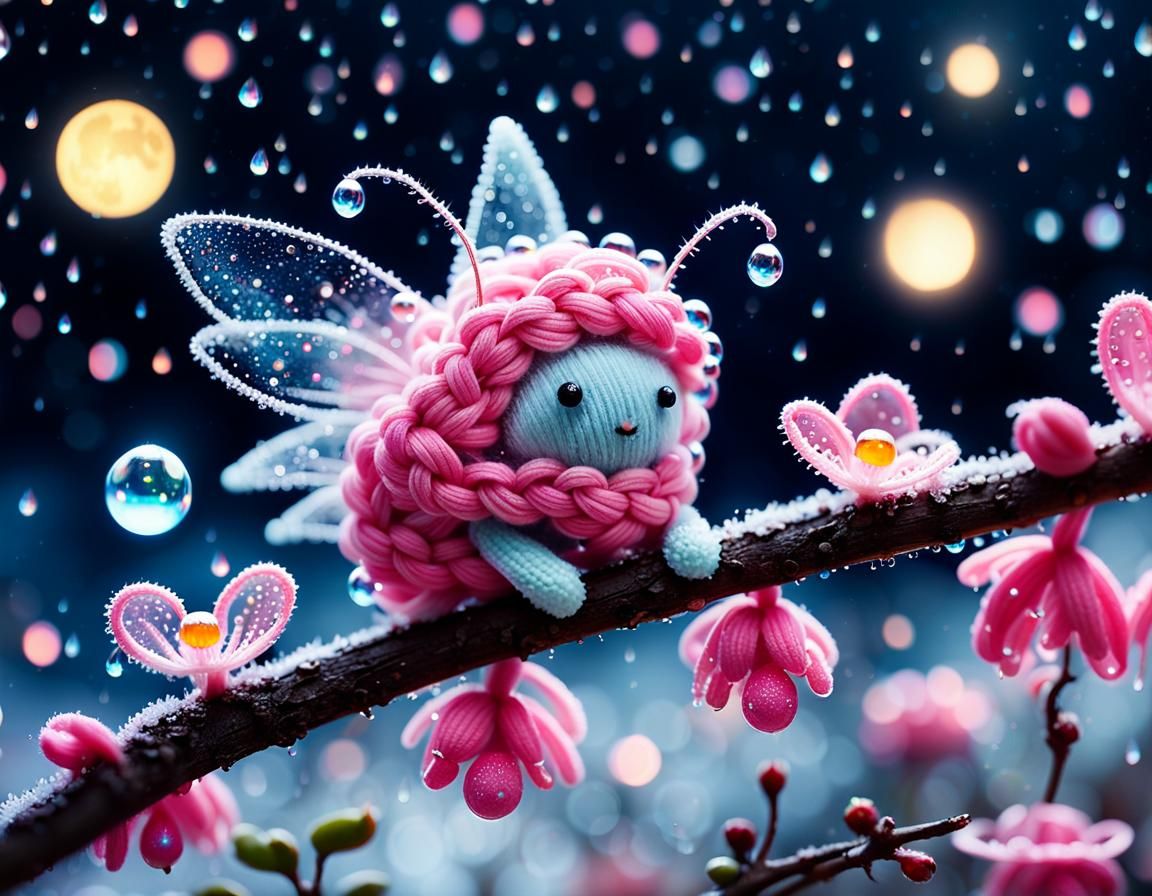 Knitted Fairy with Dewdrop Hair on Bioluminescent Flower
