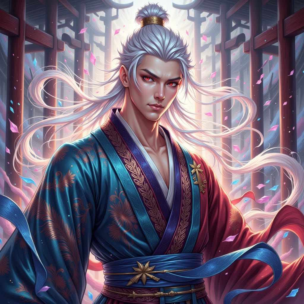 Korean Warrior with Ethereal Hair and Crimson Eyes