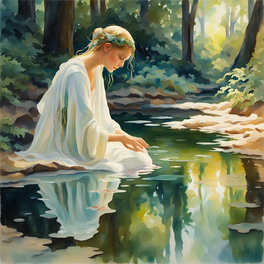 Hera in Forest Pool: Ethereal Watercolor Painting