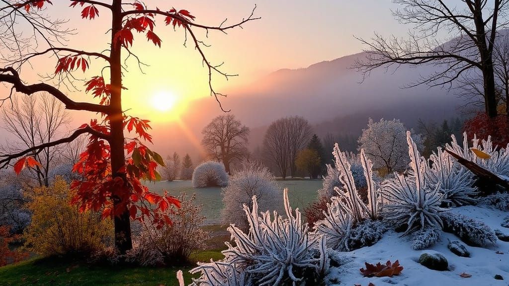 dreaming light of the unsrise in autumn with leaves and frost and spiky ice
