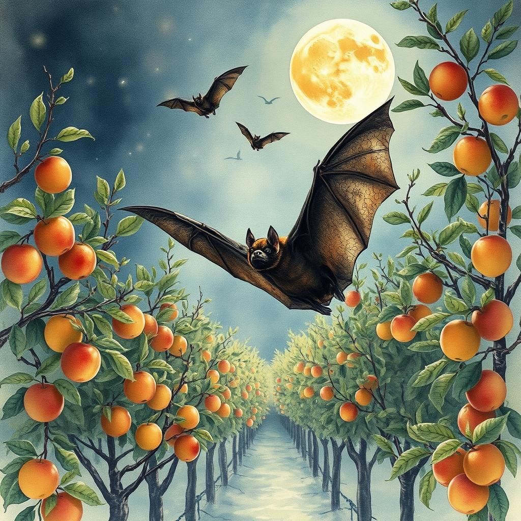 Ethereal Watercolour: Bats in Moonlit Orchard