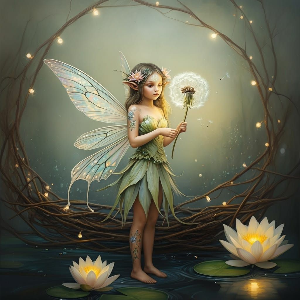 Fairy with Luminous Dandelion in Dreamy Style