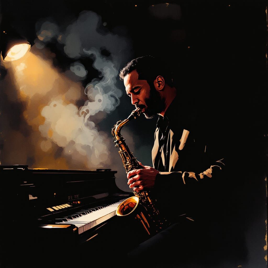 Jazz Musician in Smoky Club, Ink Wash Style
