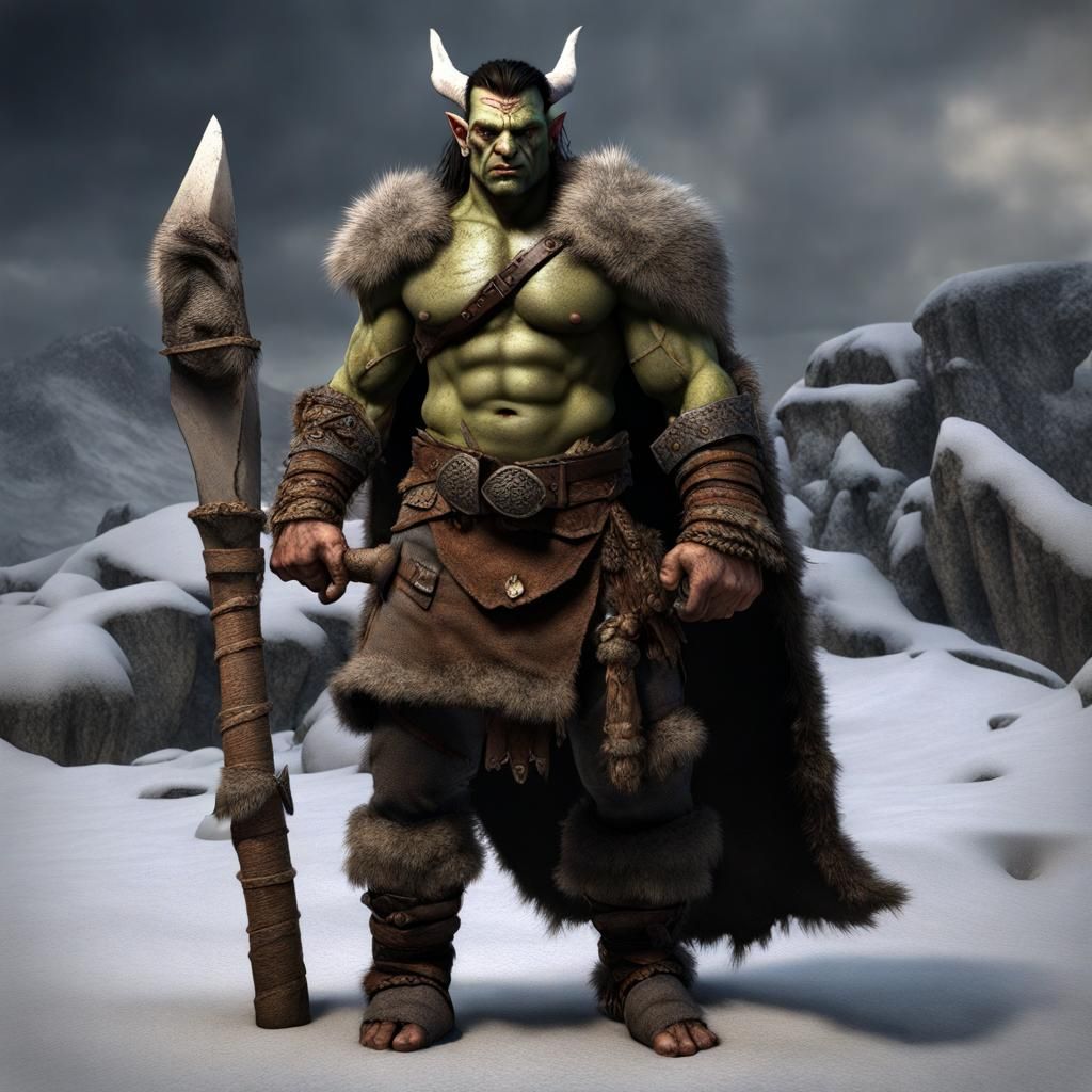 Hyperrealistic Half-Orc Barbarian in Scale Mail