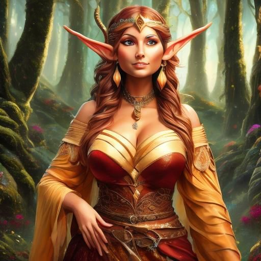 Curvy Elf Woman Painting in Vibrant Fantasy Style