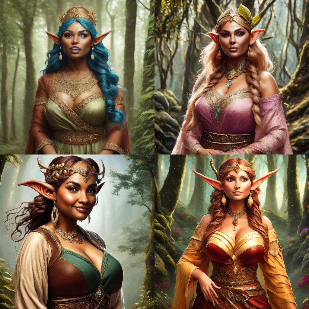 Curvy Elf Woman Painting in Vibrant Fantasy Style