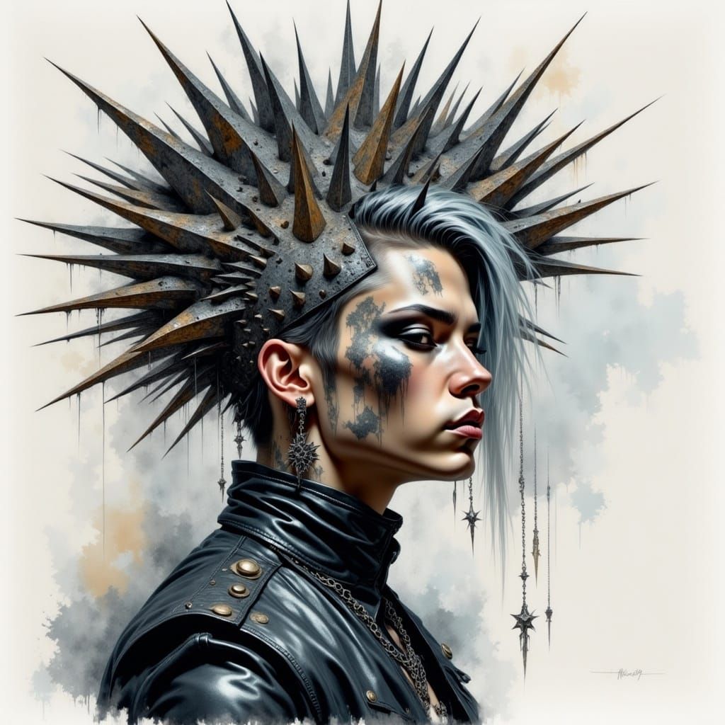 Gothic Metalhead in Watercolor Nature Scene