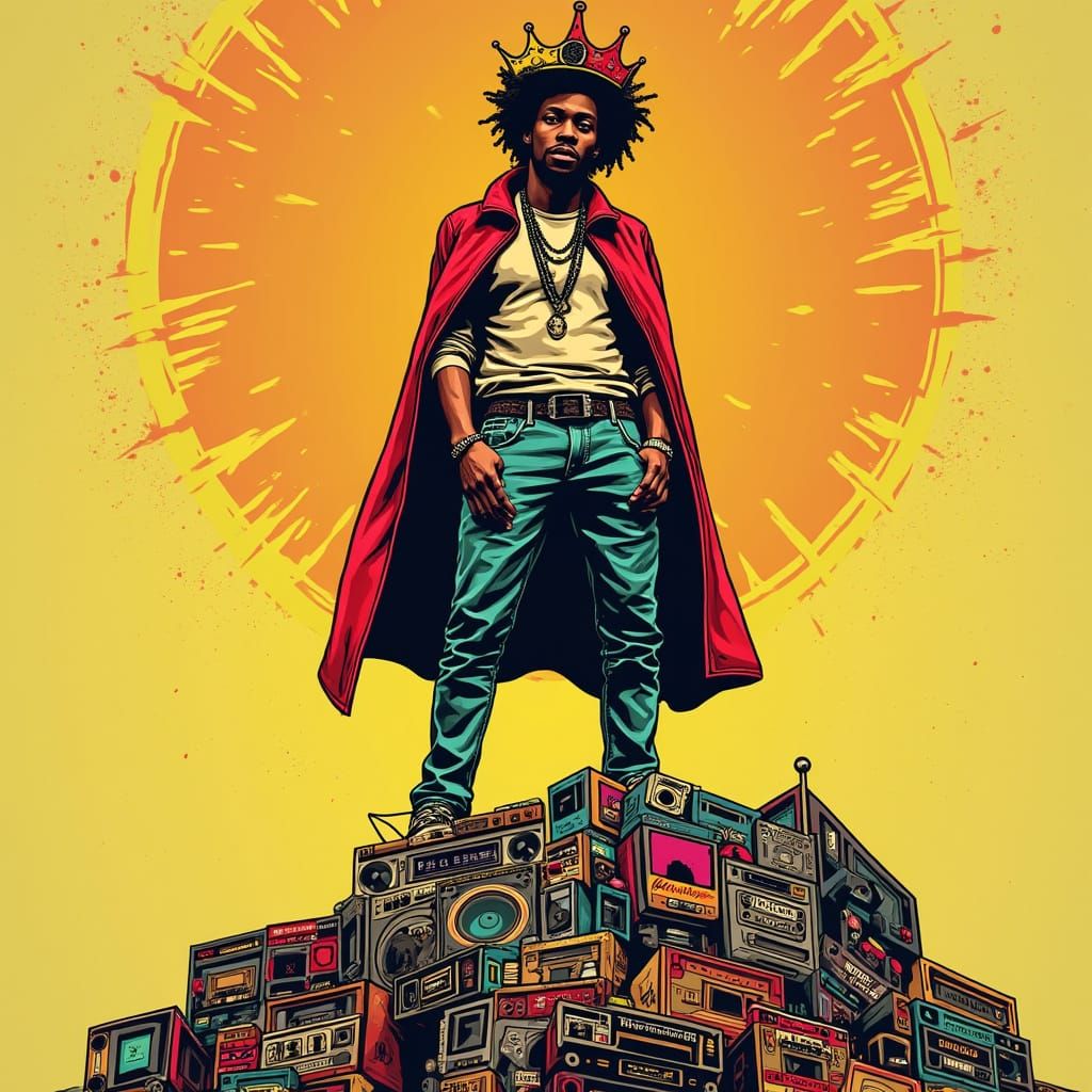 Kendrick Lamar Caricature with Record Crown, Street Art Styl...