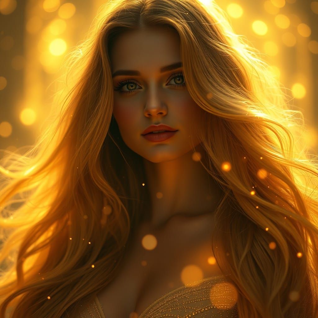 Ethereal Woman with Sparkling Golden Hair in Magical Glow