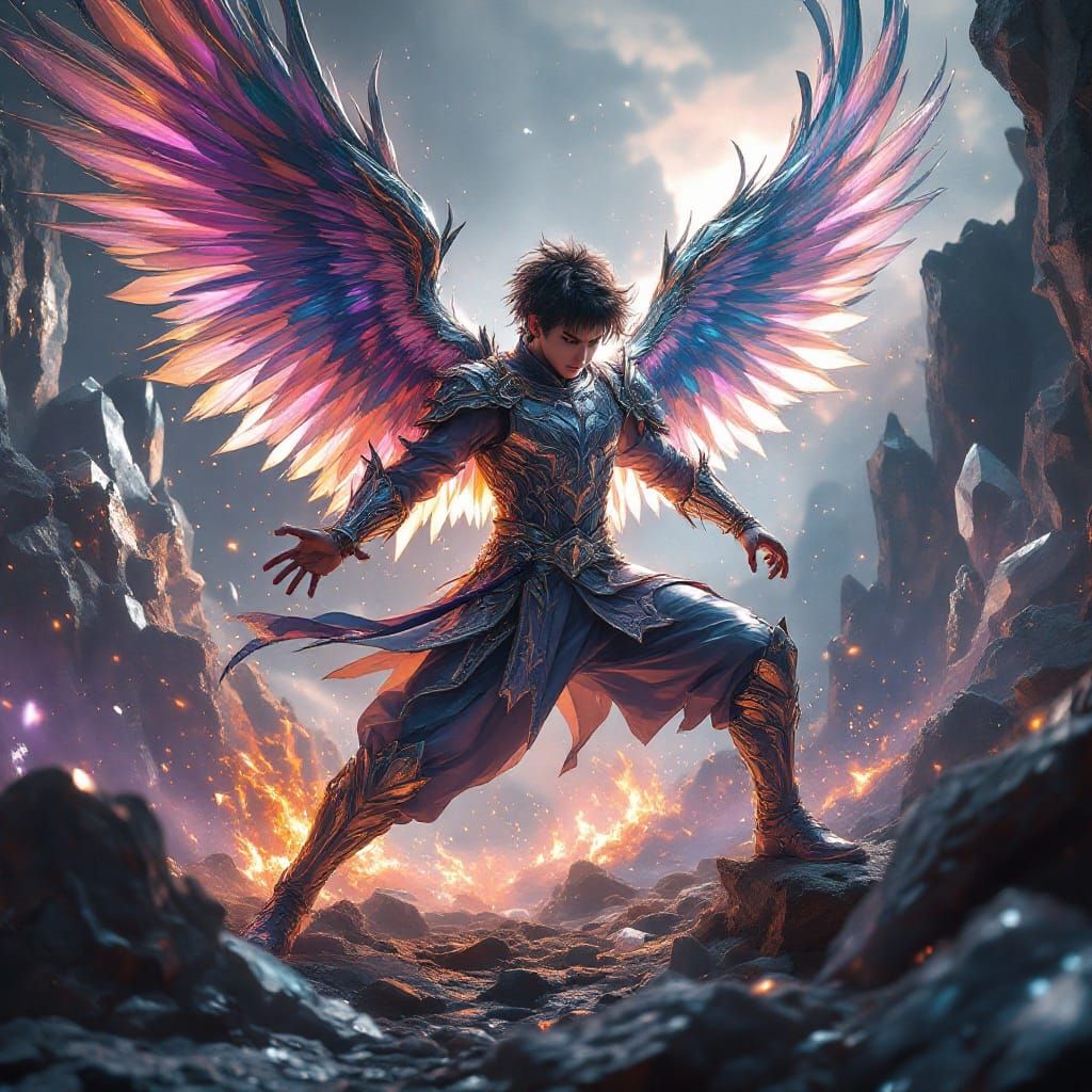 Cyberpunk Angel in Bismuth Armor, Shimmering with Ethereal L...