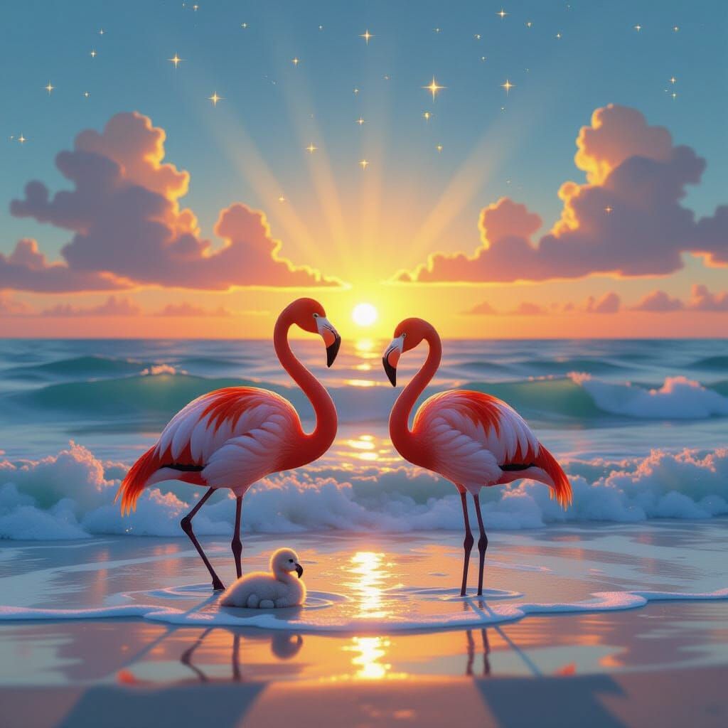 Flamingos at Sunrise with Luminescent Waves