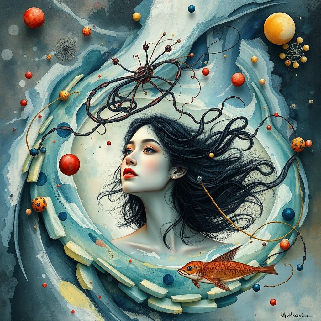 Dreamlike Nucleotidescape of Young Woman in Mixed Media Styl...