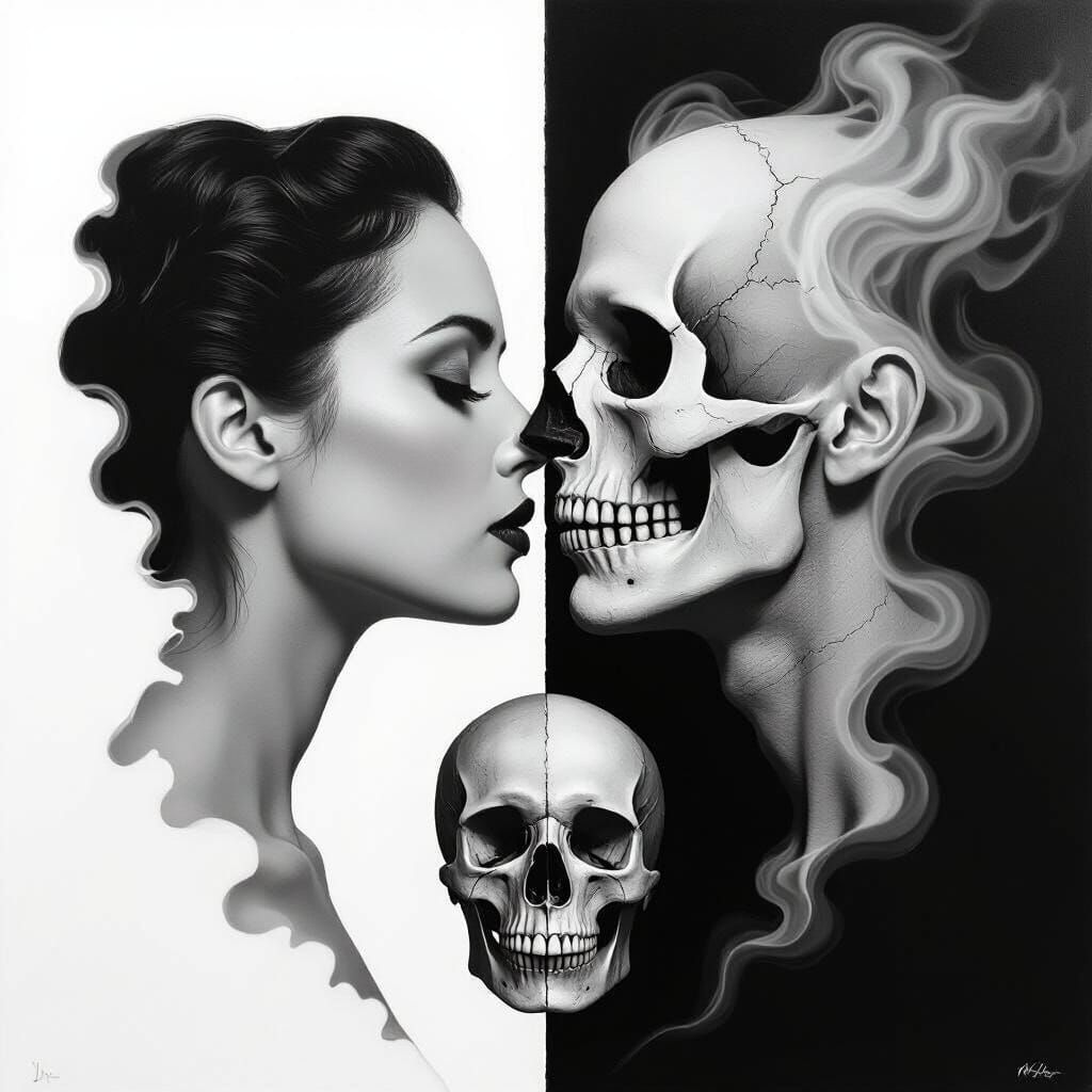 Couple Kissing with Skull, Black and White Photographic Real...