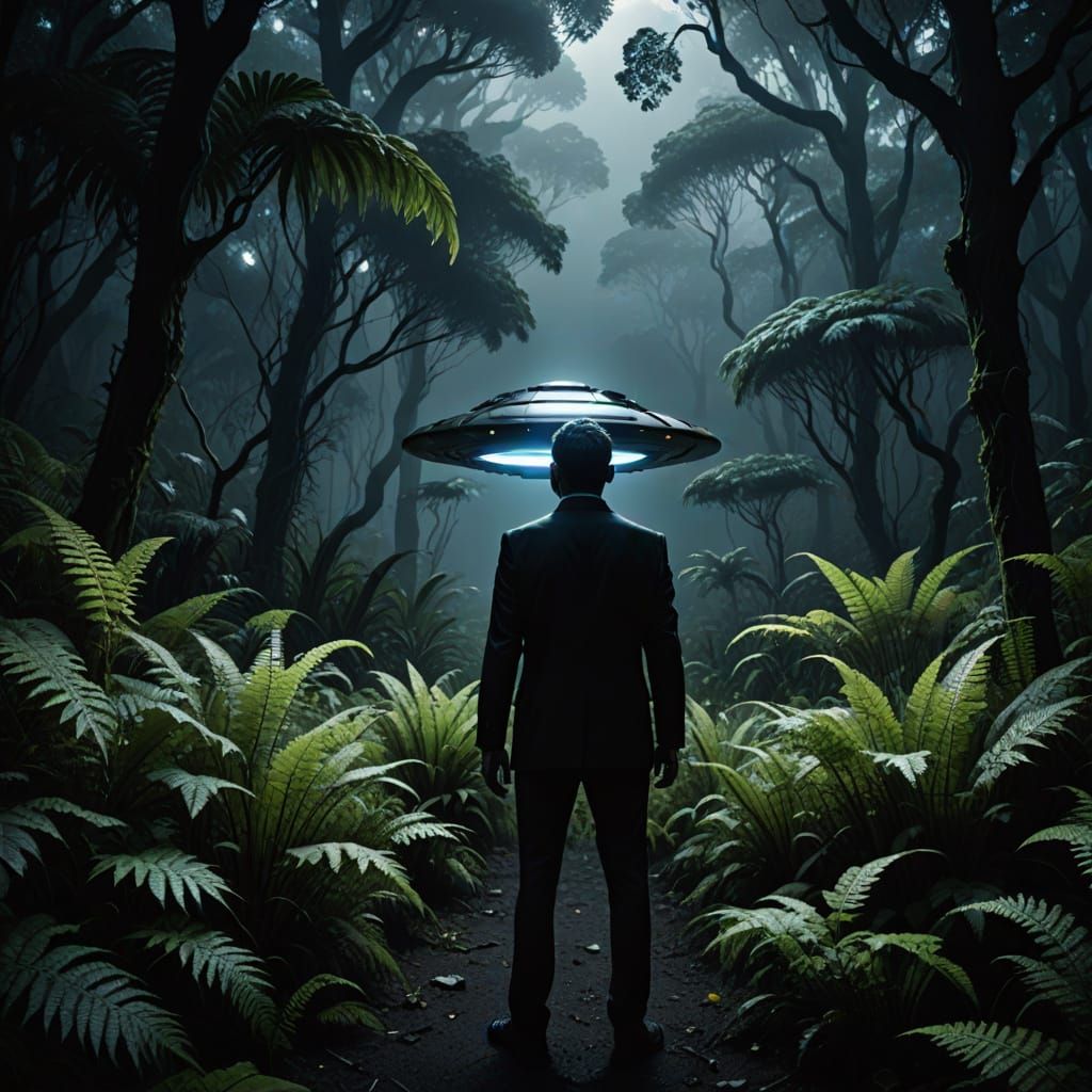 Man in Black with UFO in New Zealand Bush