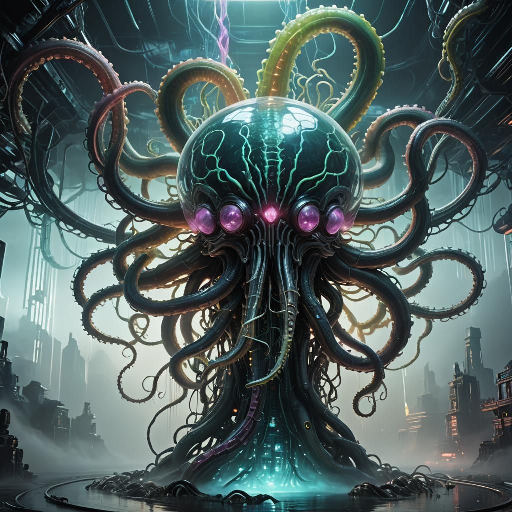 Cyberpunk Tentacle Grabs Glass Brain in 3D Render