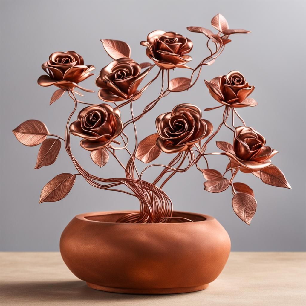 Precise and refined sculpture of a rose bush in copper wire. Flowers and leaves look stunning in a terracotta vase.