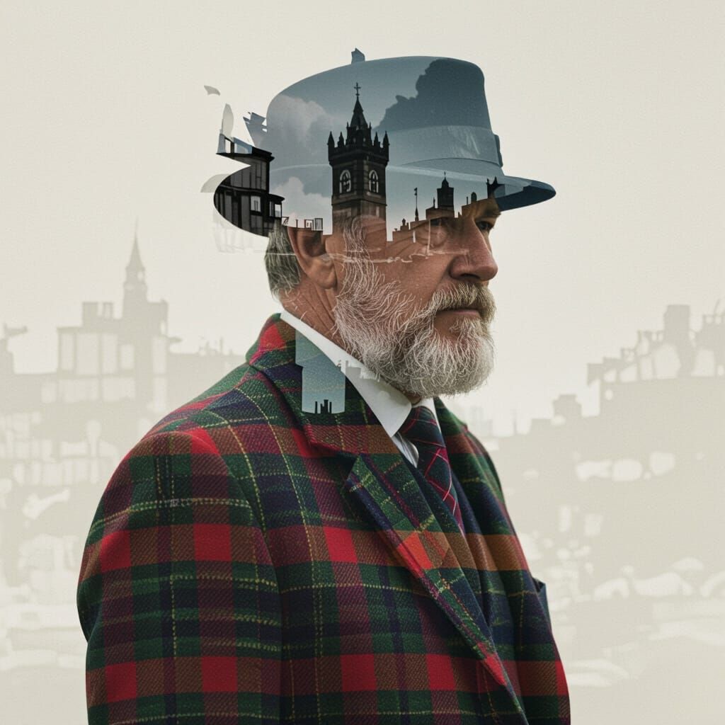 Double Exposure: Scotsman in Lanarkshire Landscape
