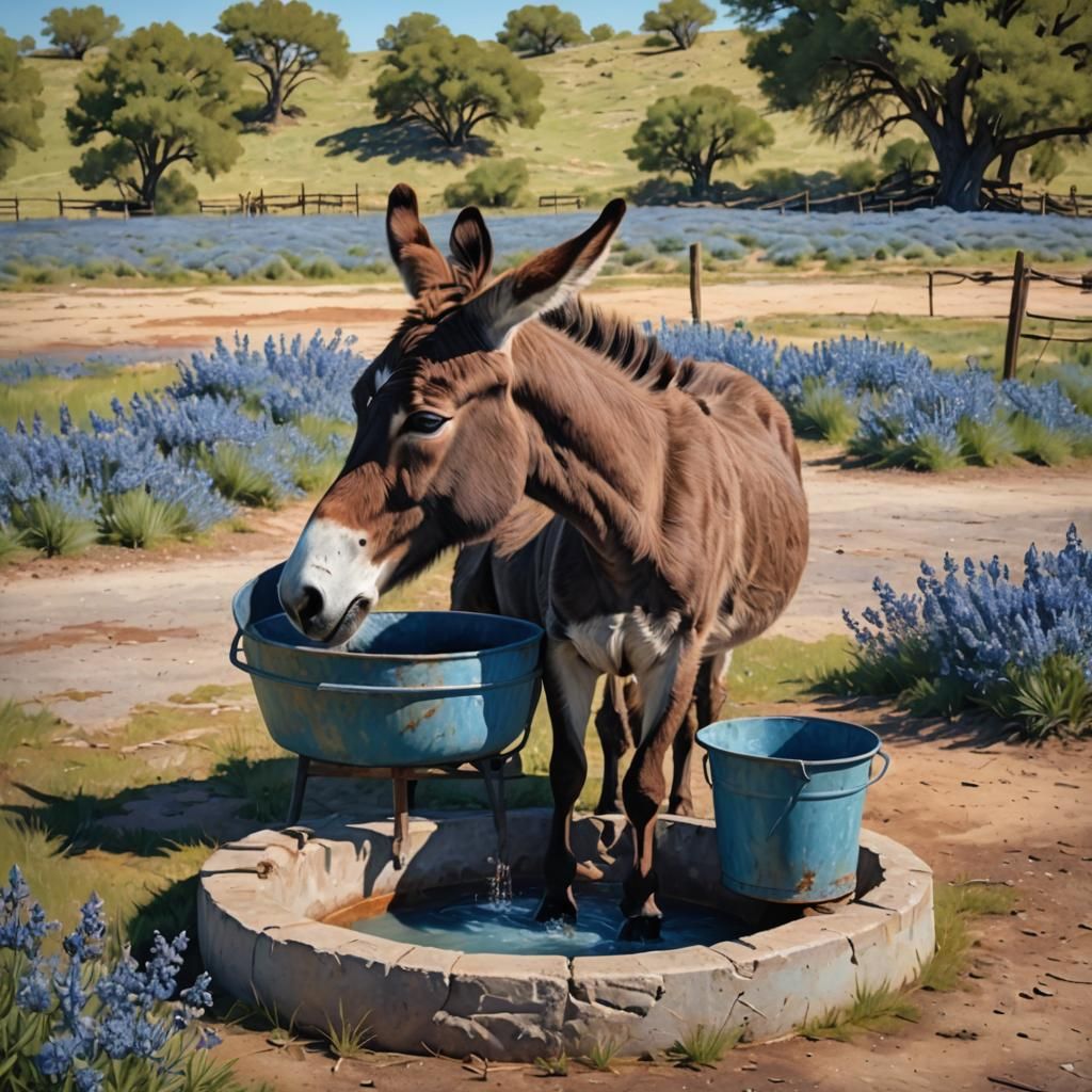 Donkey Drinks from Basin in Oil Painting Style