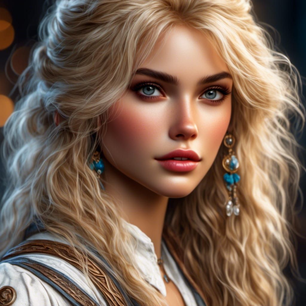 Beautiful Woman on Crowded Beach in Hyperreal Style