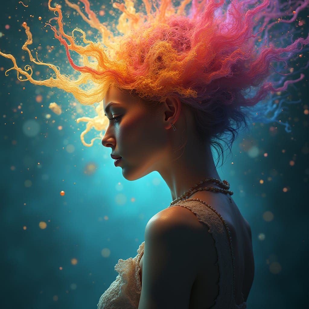 Contemplative Woman with Ethereal Aura, Dynamic Lighting