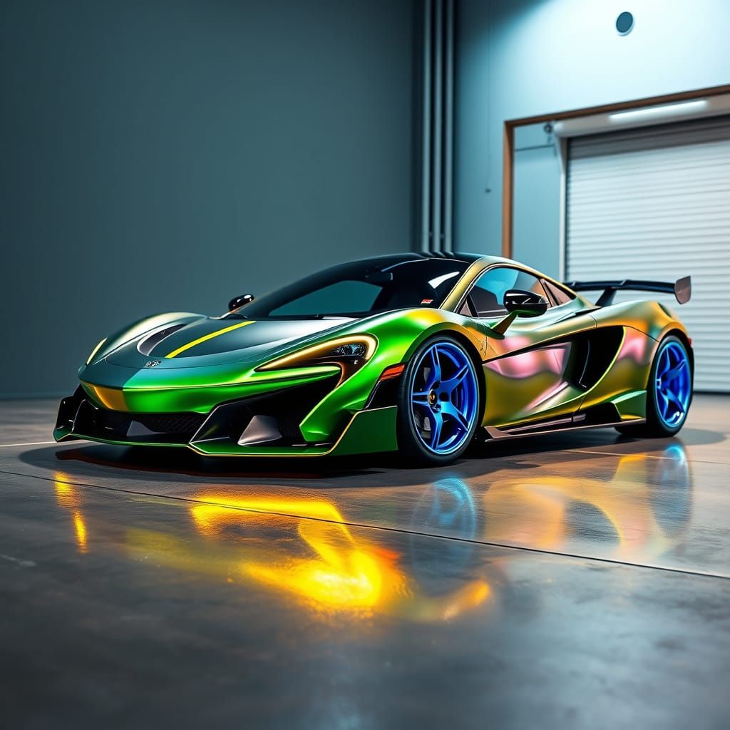 Neon McLaren with Green Spraypaint and Blue Rims