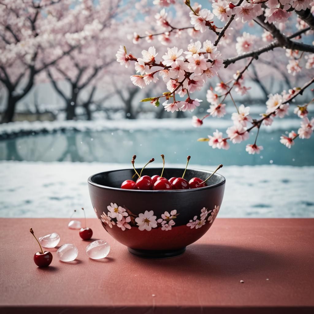 Iced Cherries in Japanese Bowl: Matte Still Life