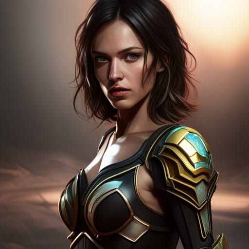 Futuristic Warrior Woman in Gold Armor, Hyperrealistic Art