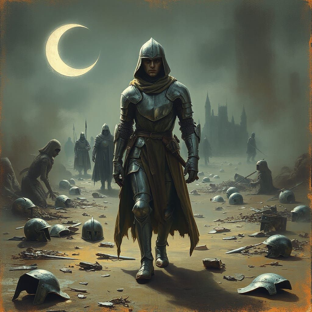 Ethereal Knight in Moonlit Battle Scene, Faded Gray and Silv...