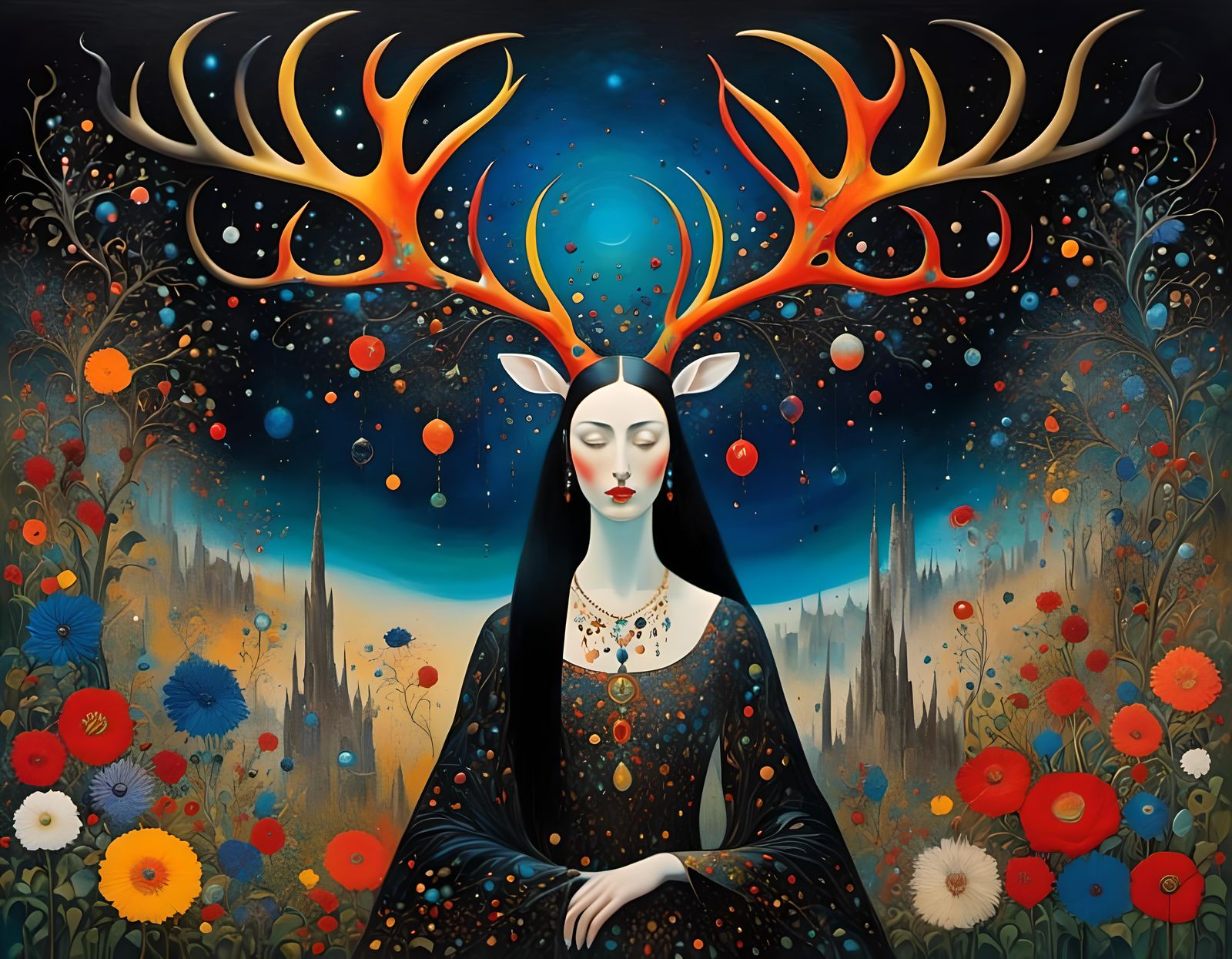 Antlered Sorceress in Enchanting Floral Garden