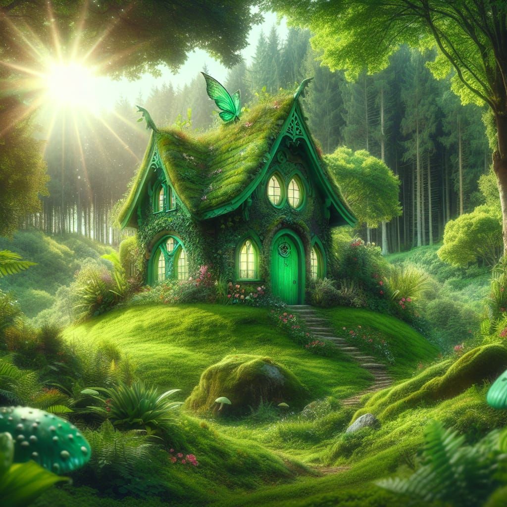 Emerald Fairy House in Sunlit Forest