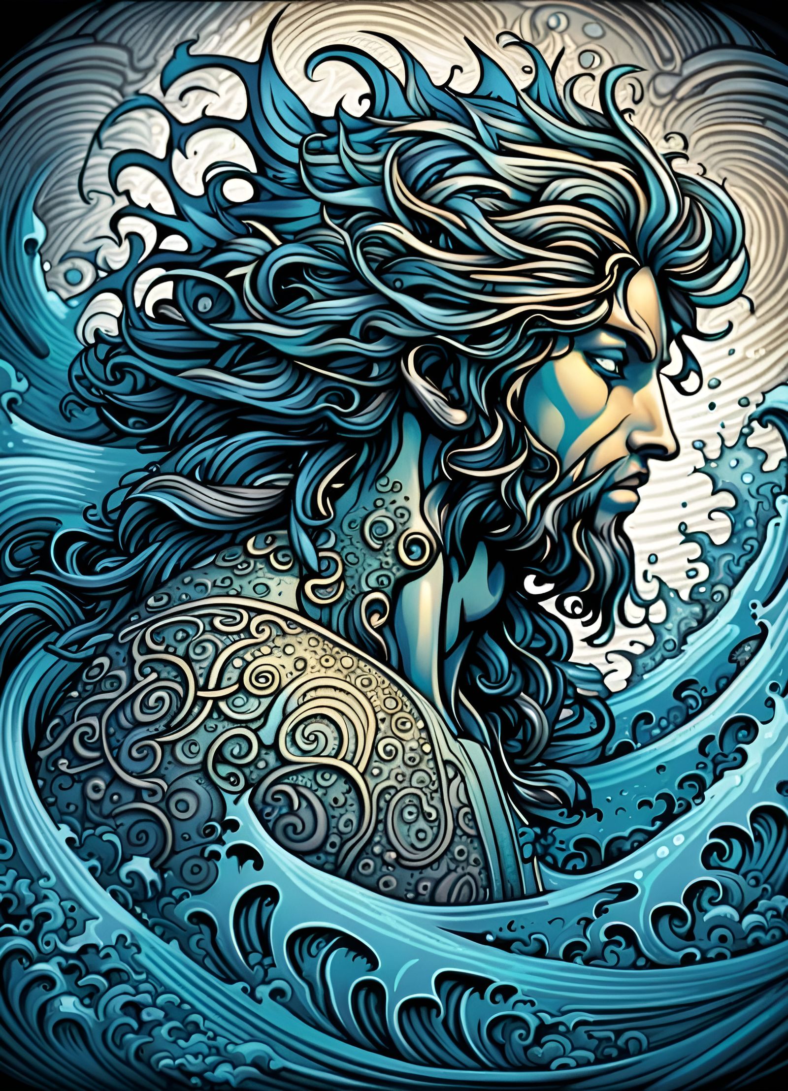 Mesmerizing Long-Haired Water God with Trident Tattoo
