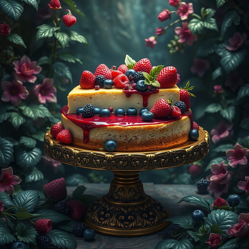 Fantasy Cheesecake in Golden Pedestal Amidst Whimsical Folia...