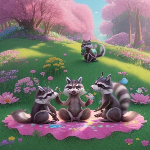Raccoons Tending Flowers in Whimsical Candy Art